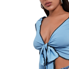 Women Bow Knotted Long-Sleeved Rib-Knit Crop Top