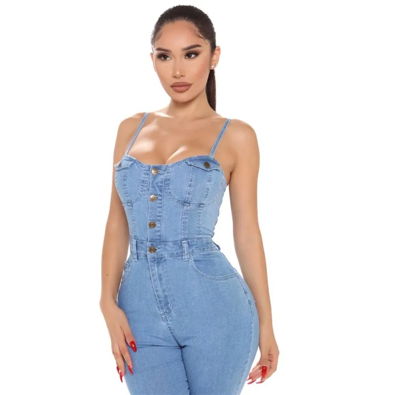 Women Casual Slim Pocket Denim Jumpsuit