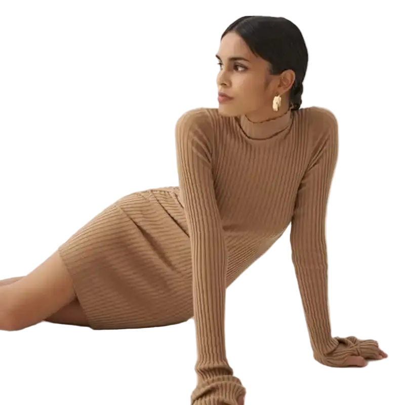 Women Casual Long Sleeve Rib-Knitted Dress