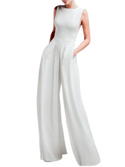 Women Summer Elegant Pockets Pleated Wide Leg Jumpsuit