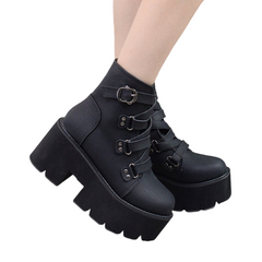 Women Black Leather Ankle Platform Boots