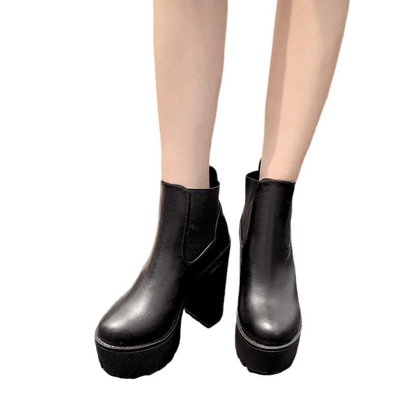 Women  Black Leather Platform Square Heel Boots