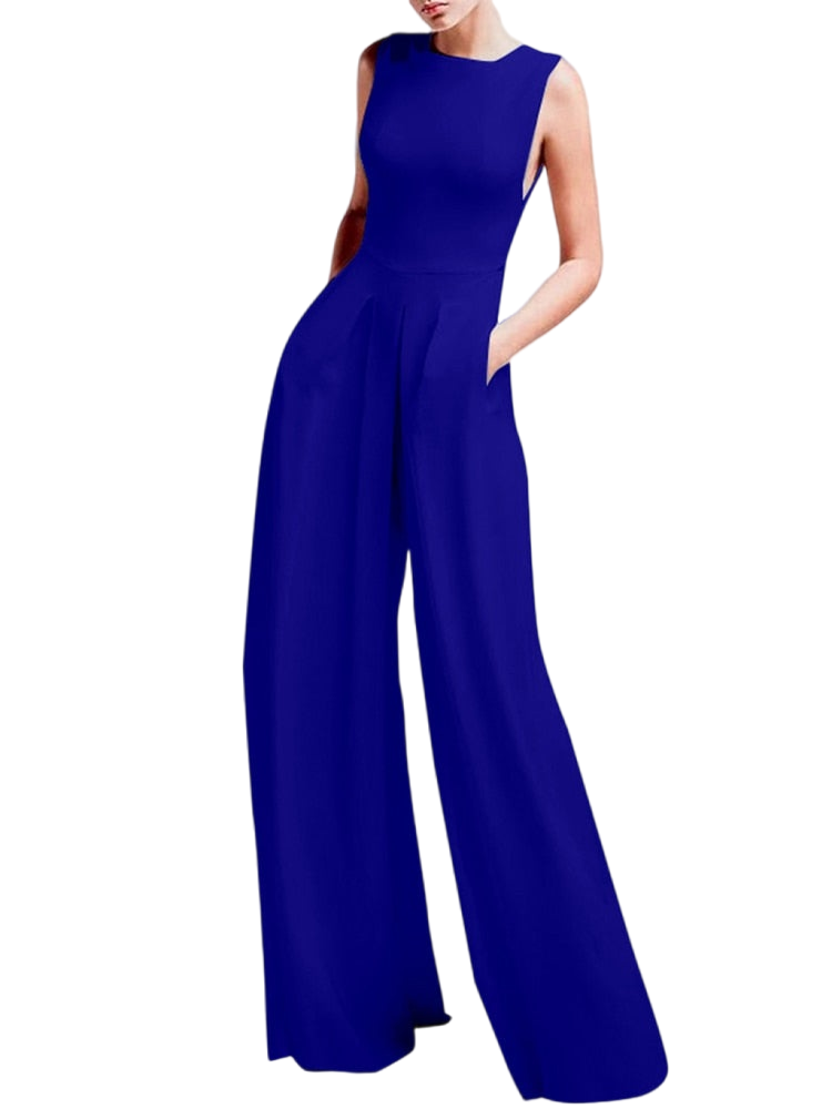 Women Summer Elegant Pockets Pleated Wide Leg Jumpsuit
