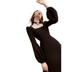 Women Black Elegant Hepburn Style Chiffon Vintage Dress