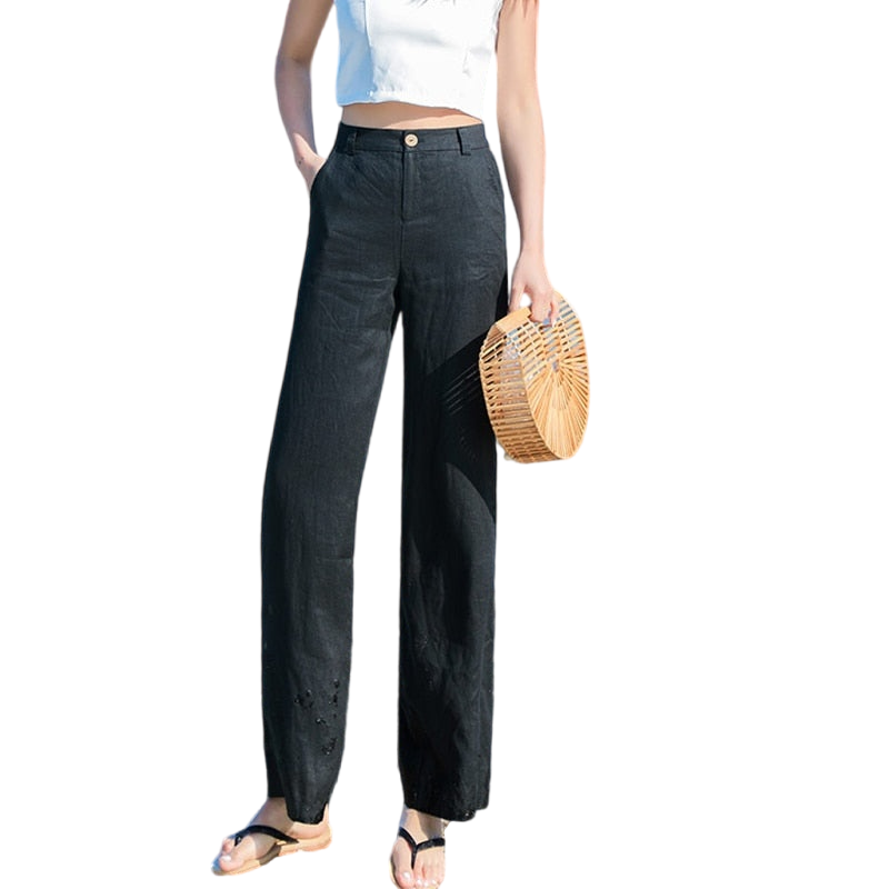 Women Cotton Linen Wide Leg High Waist Pants