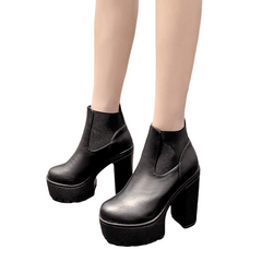 Women  Black Leather Platform Square Heel Boots