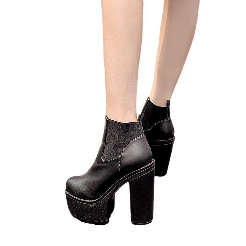 Women  Black Leather Platform Square Heel Boots