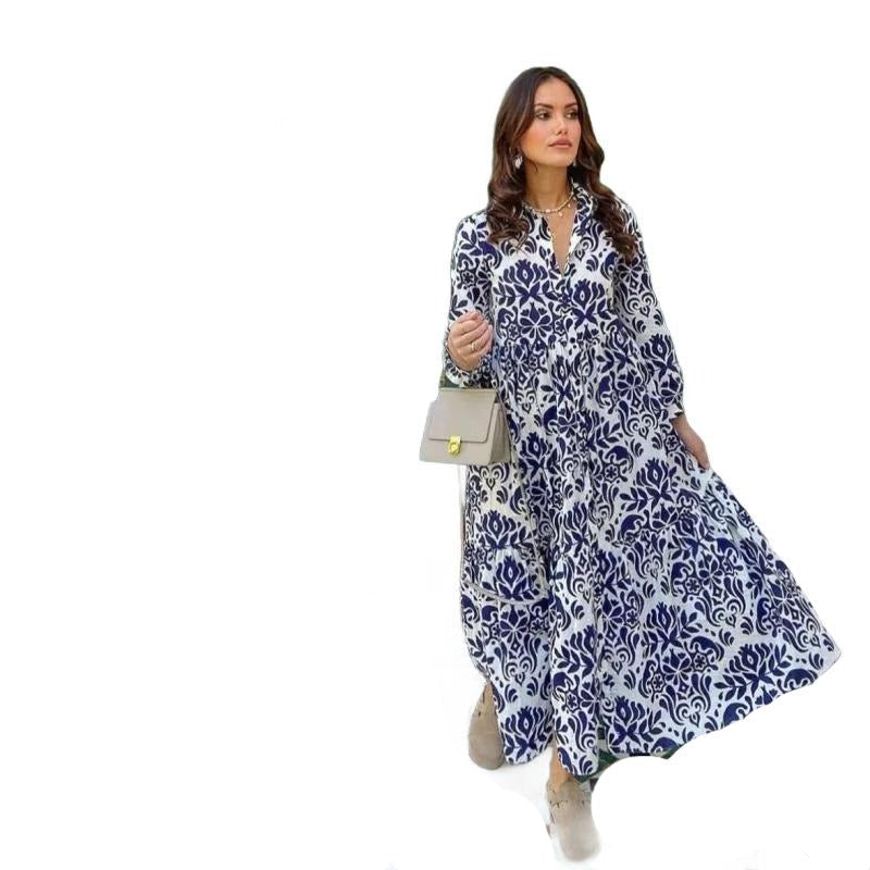 Women Casual Boho Print Long Sleeve Maxi Dress