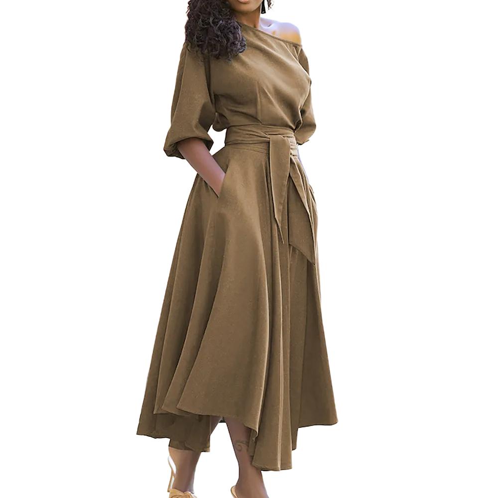 Women Casual Slant Shoulder Large Swing Dress