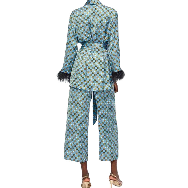 Women Kimono Jacket with Feather Detail + Pants Set